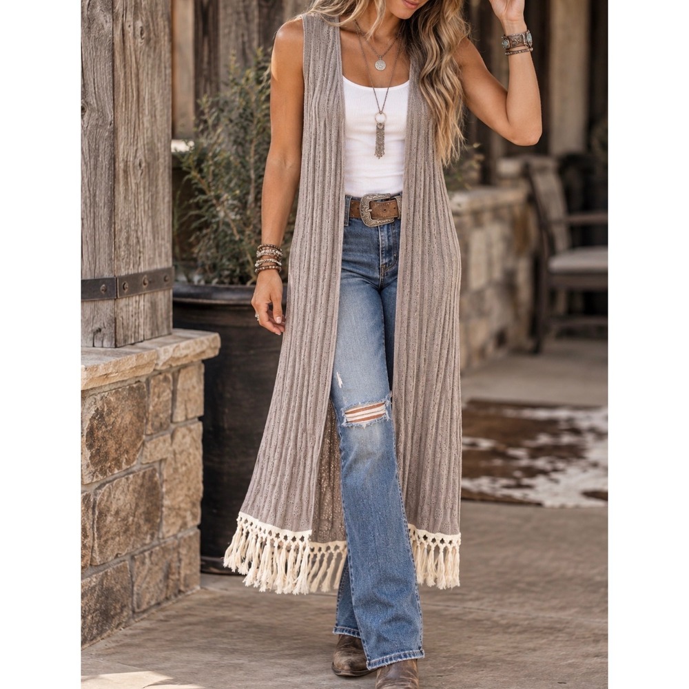 Wrangler sz S Fringe Gauzy Crochet Long Duster Vest Layering Cardigan Western
